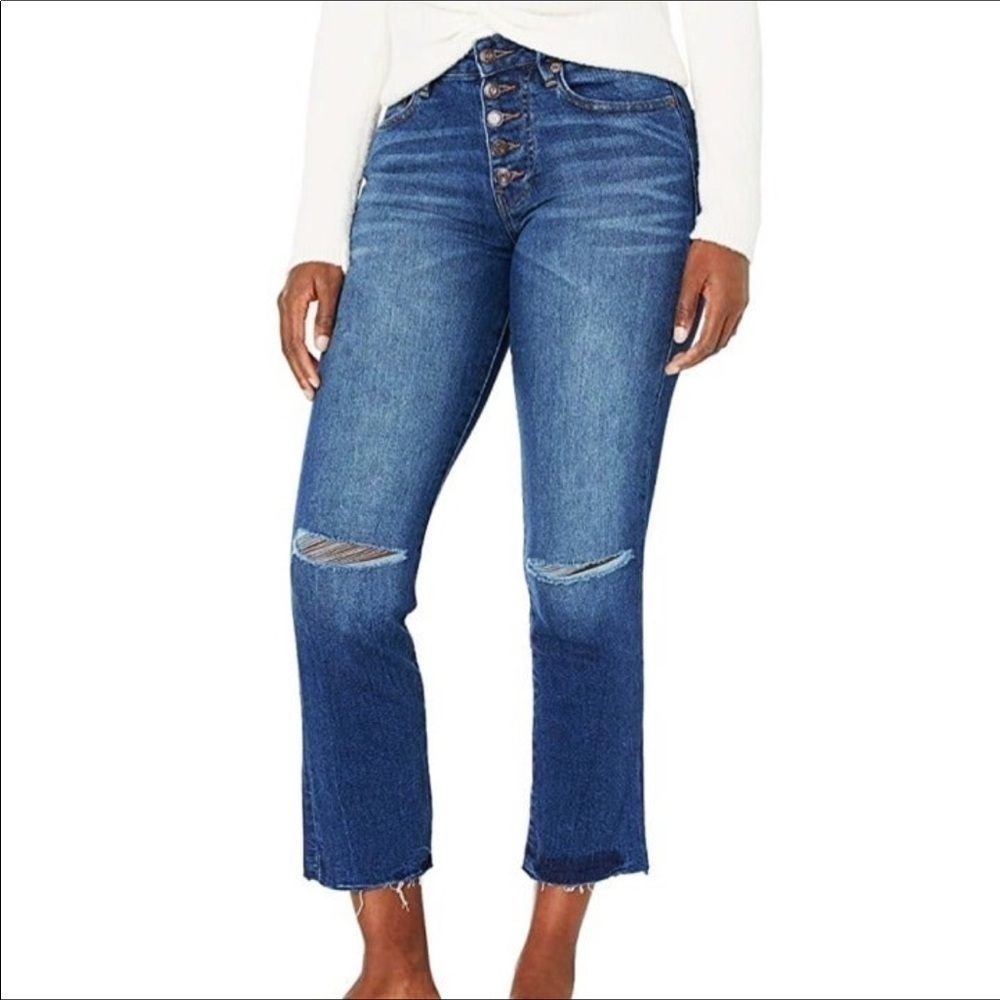 TRUE RELIGION Starr High Rise Cropped Distressed Jeans Raw Hem Blue Size 27